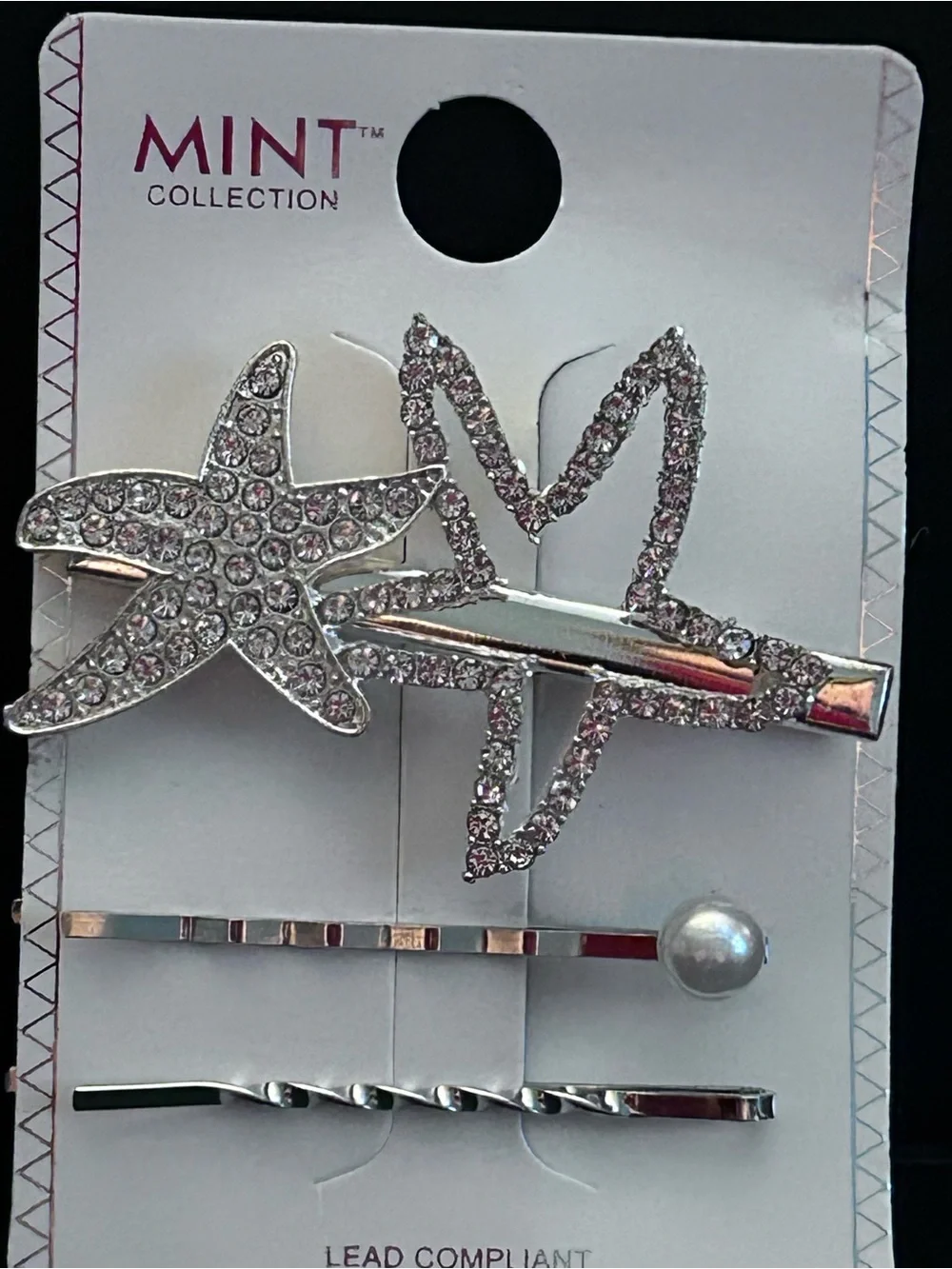 Mint Rhinestone Starfish Hair Clip Set of Two - Silver-tone w/Crystals and Pearl